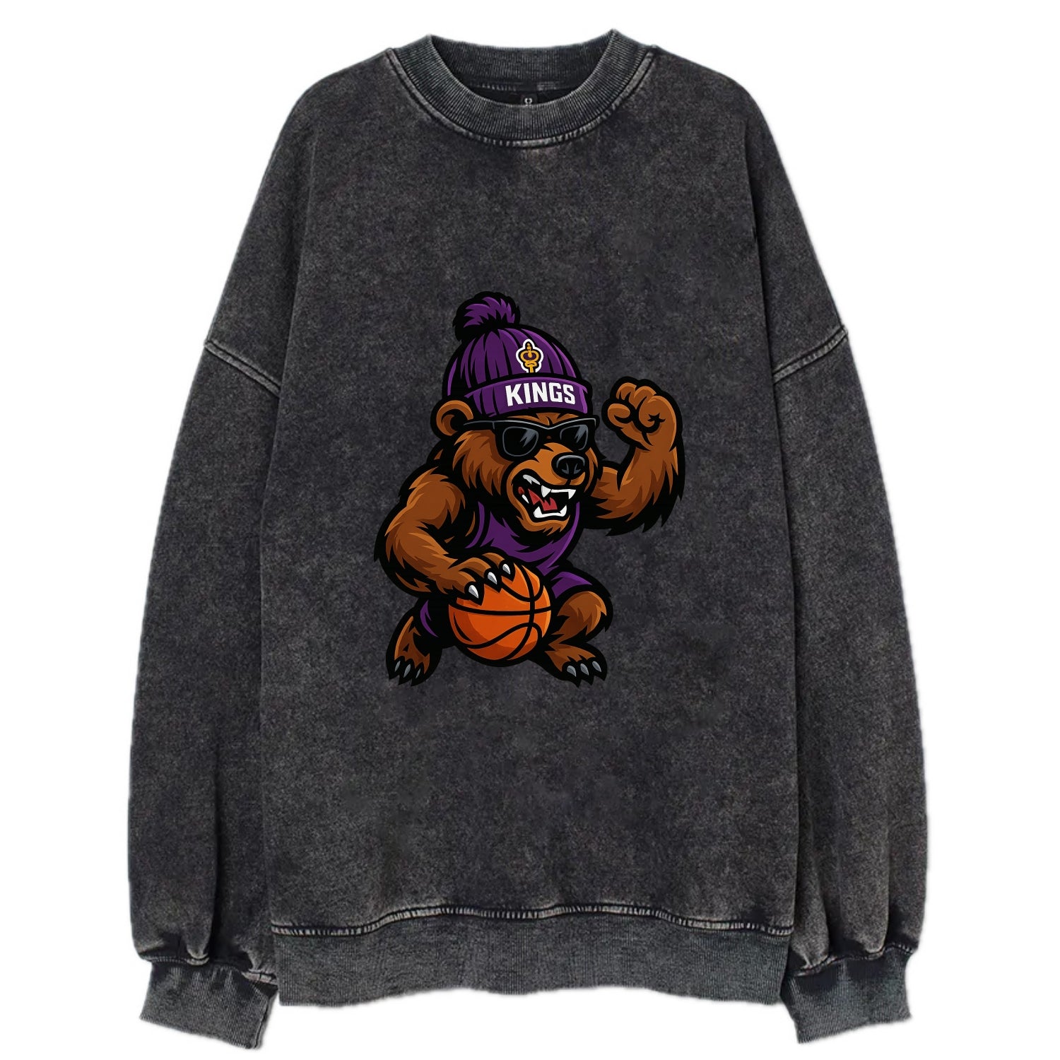 California Grizzly wearing Kings beanie with royal scepter patch and wayfarer - Vintage Sweatshirt - Black
