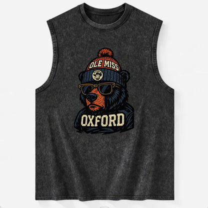 Oxford Black Bear wearing Ole Miss beanie with rebel patch - Vintage Washed Tank - Black