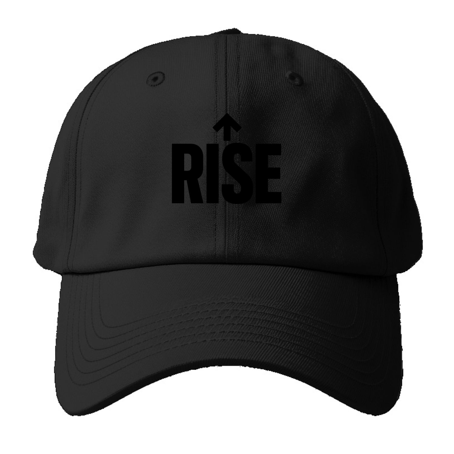 Bold typography design - "RISE" - getting up, ascending, elevating - Baseball Cap - Black