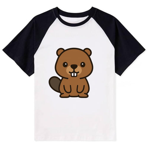 Baby Beaver - brown fur, paddle tail, buck teeth, friendly eyes, - Contrast Raglan T-shirt