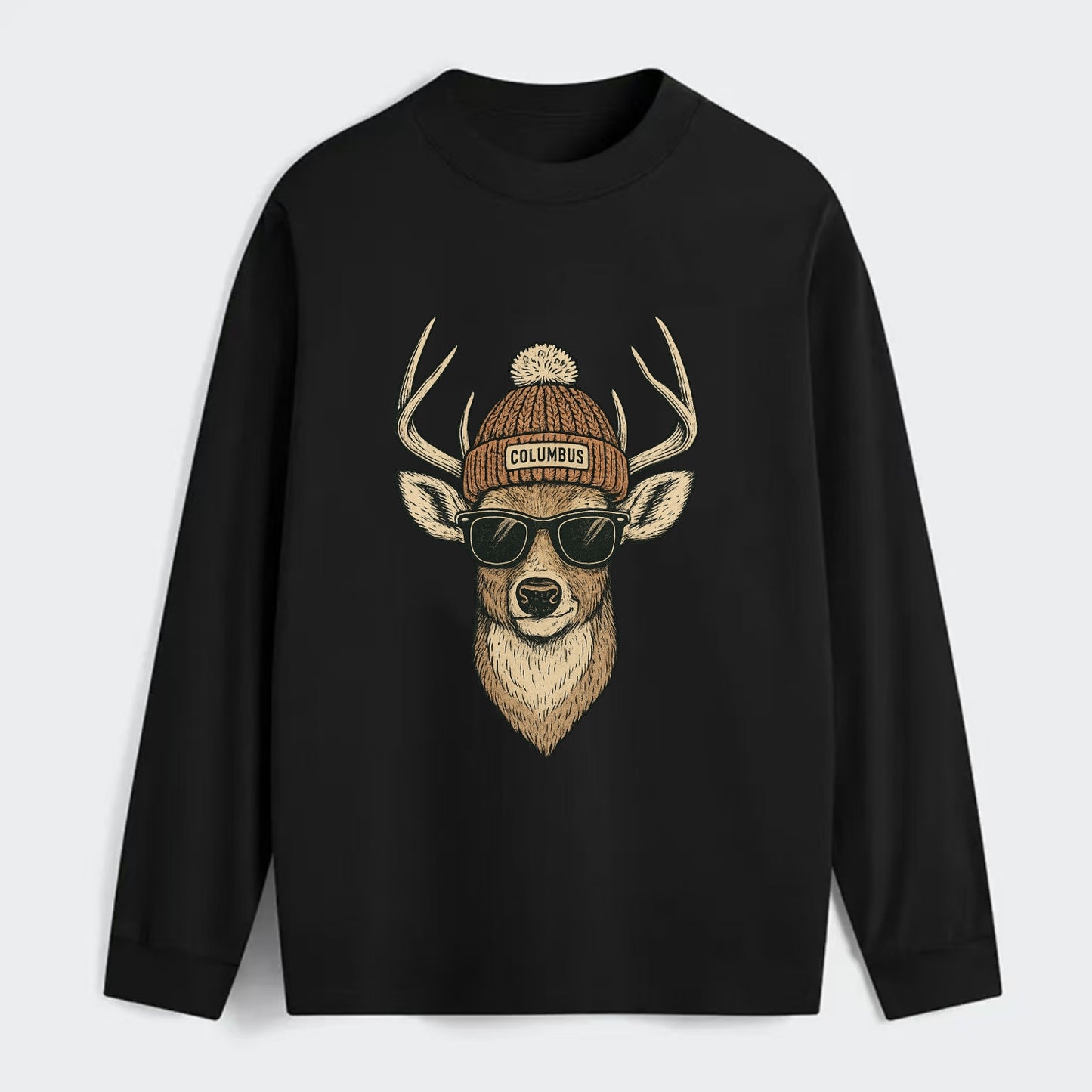 Ohio White-tailed Deer wearing Columbus beanie with pom pom and - Classic Long Sleeve Shirt - Black