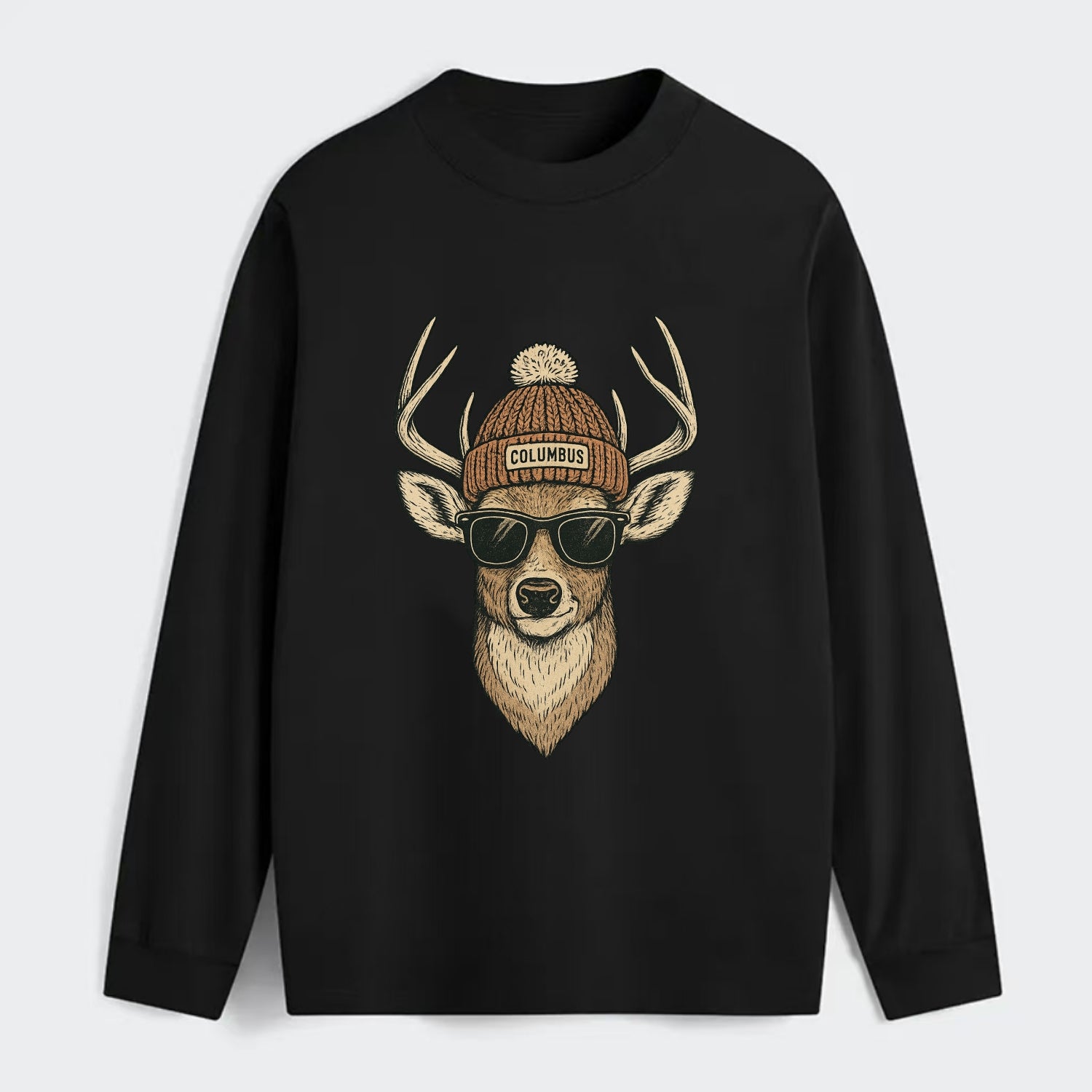 Ohio White-tailed Deer wearing Columbus beanie with pom pom and - Classic Long Sleeve Shirt - Black