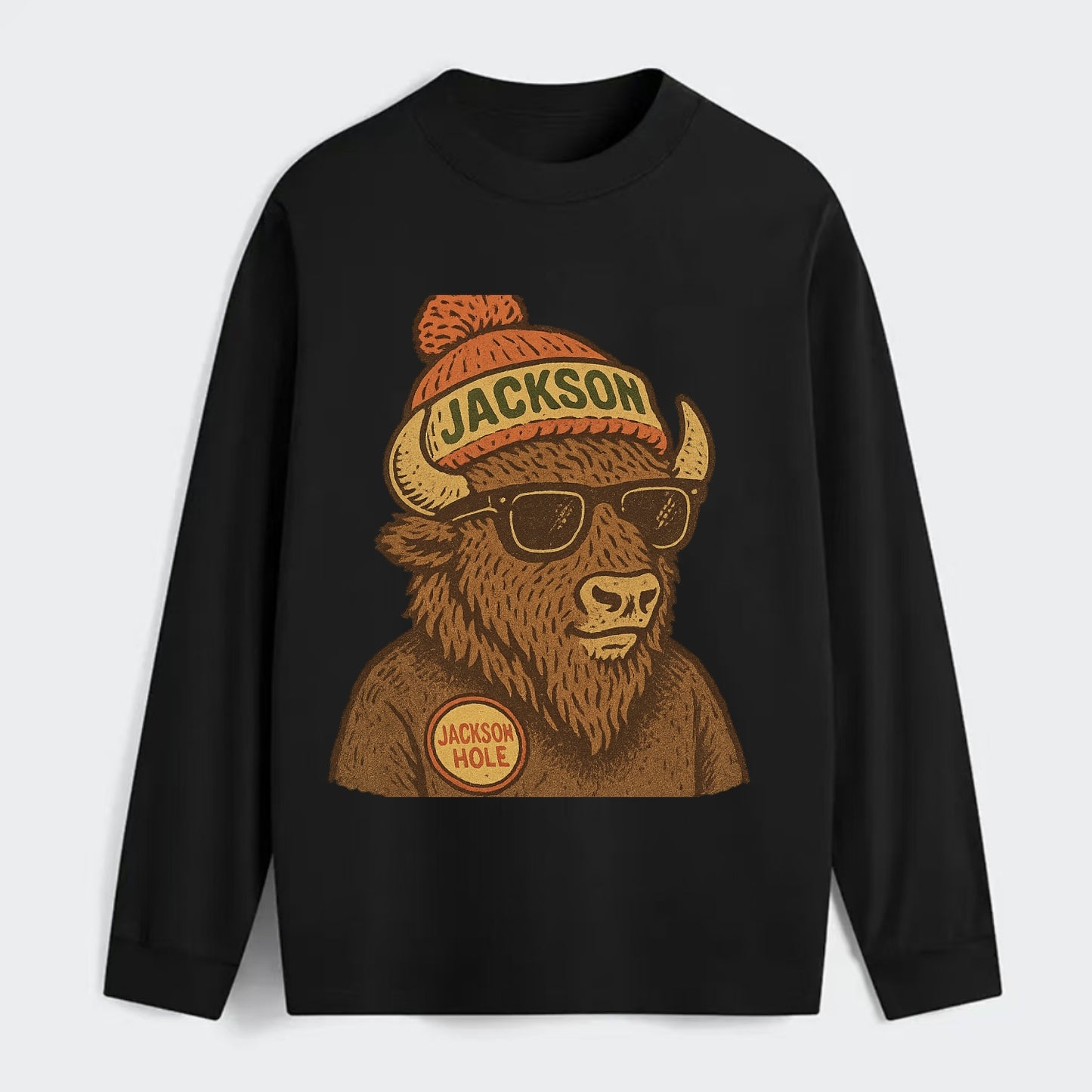 Jackson Hole Bison wearing Jackson beanie with pom pom and wayfarer - Classic Long Sleeve Shirt - Black