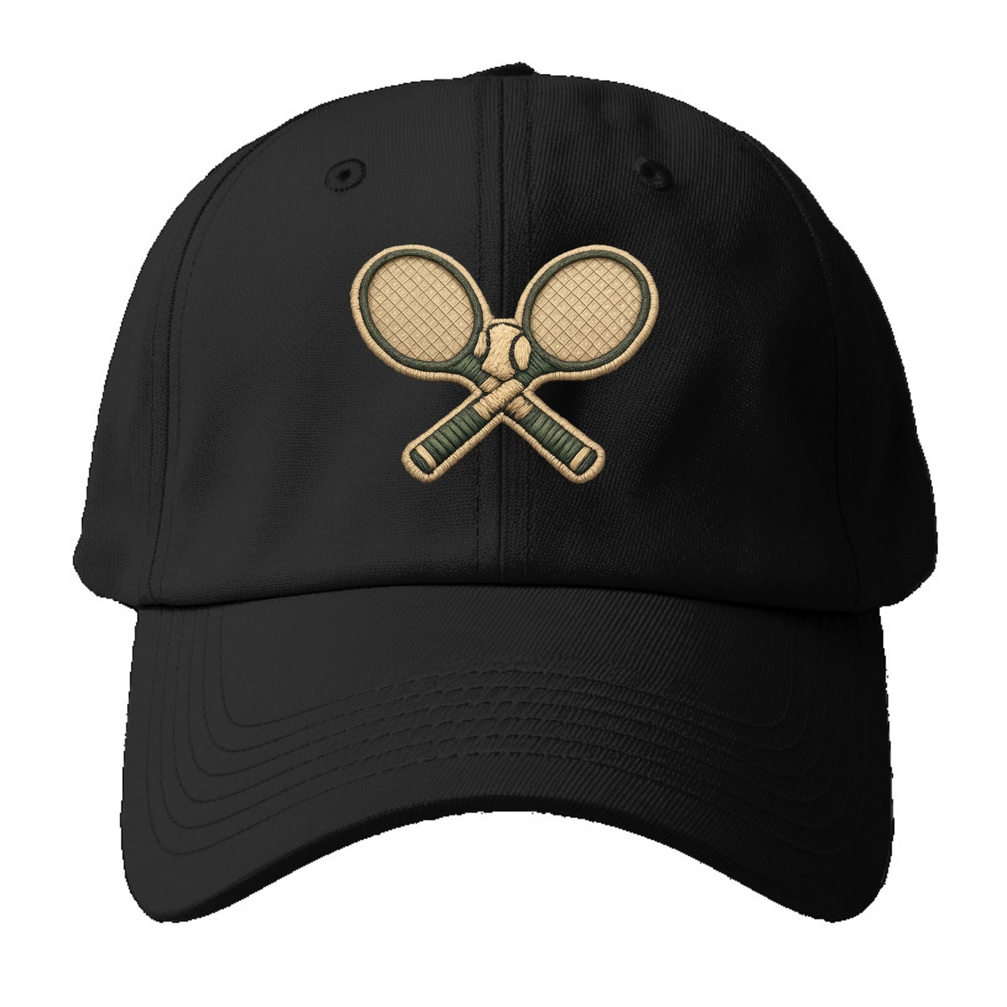 Embroidered patch design - TENNIS RACKET CROSSED - tennis rackets with ball in white - Baseball Cap - Black