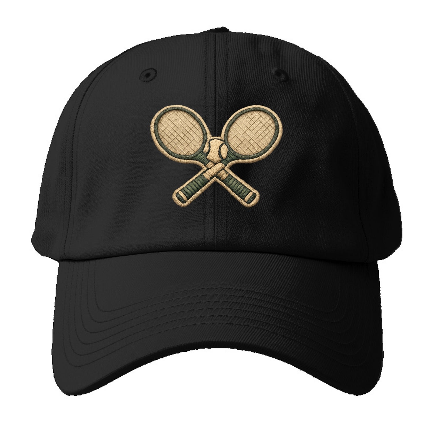 Embroidered patch design - TENNIS RACKET CROSSED - tennis rackets with ball in white - Baseball Cap - Black