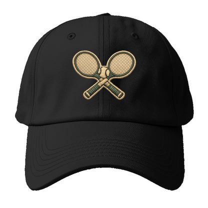 Embroidered patch design - TENNIS RACKET CROSSED - tennis rackets with ball in white - Baseball Cap - Black
