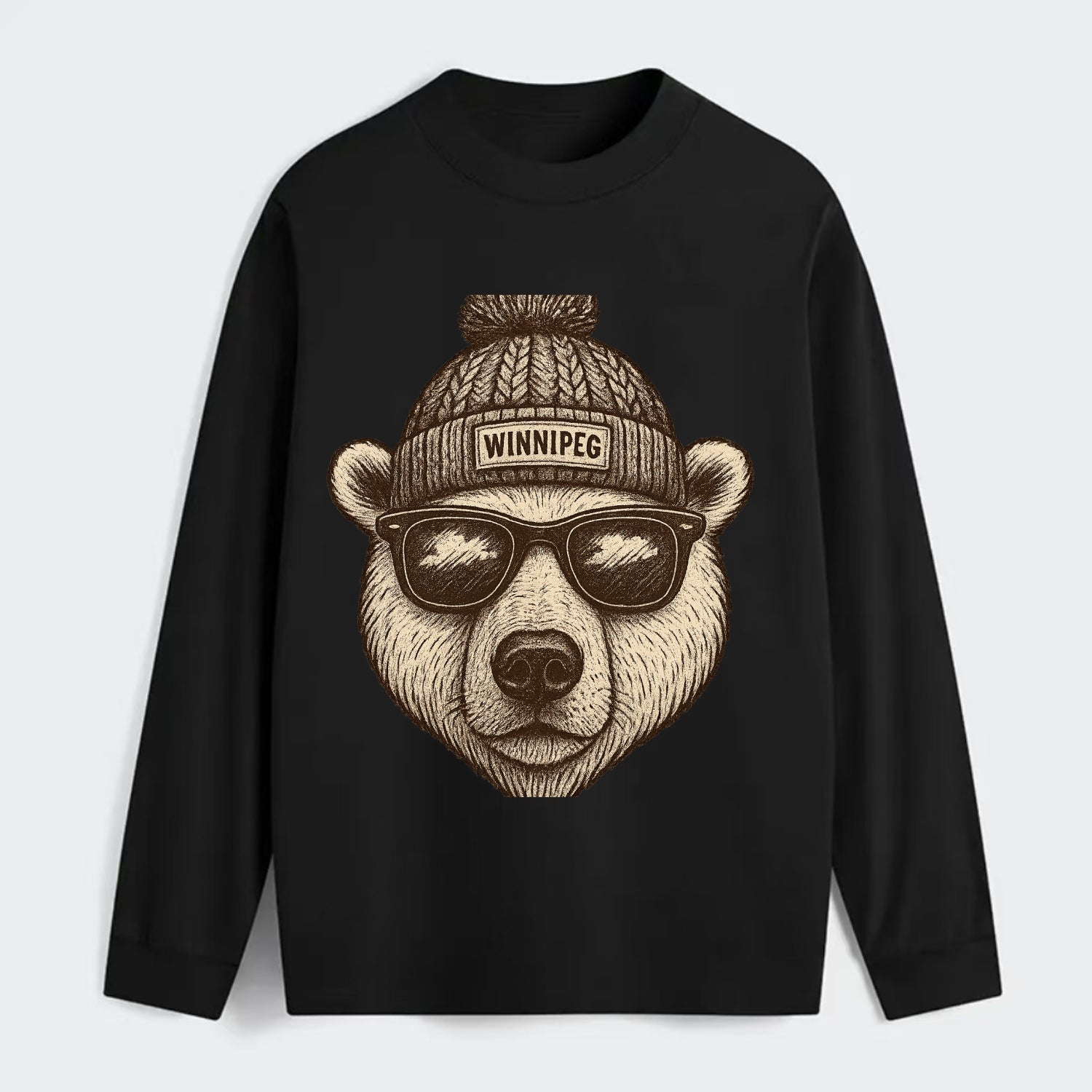 Winnipeg Polar Bear wearing Winnipeg beanie with pom pom and wayfarer - Classic Long Sleeve Shirt - Black