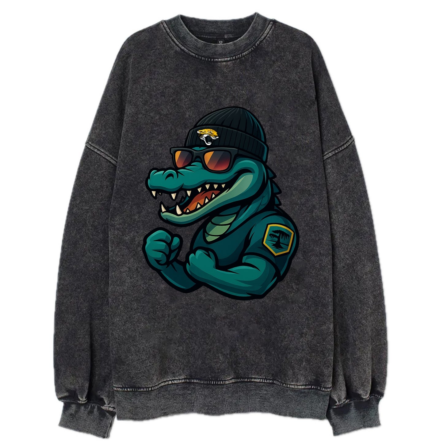 Jacksonville Alligator wearing Jaguars beanie with swamp patch and wayfarer - Vintage Sweatshirt - Black