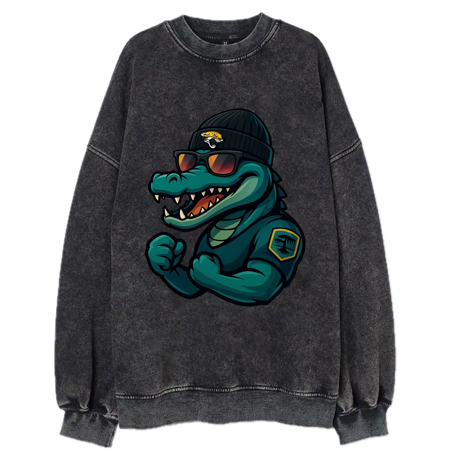 Jacksonville Alligator wearing Jaguars beanie with swamp patch and wayfarer - Vintage Sweatshirt - Black