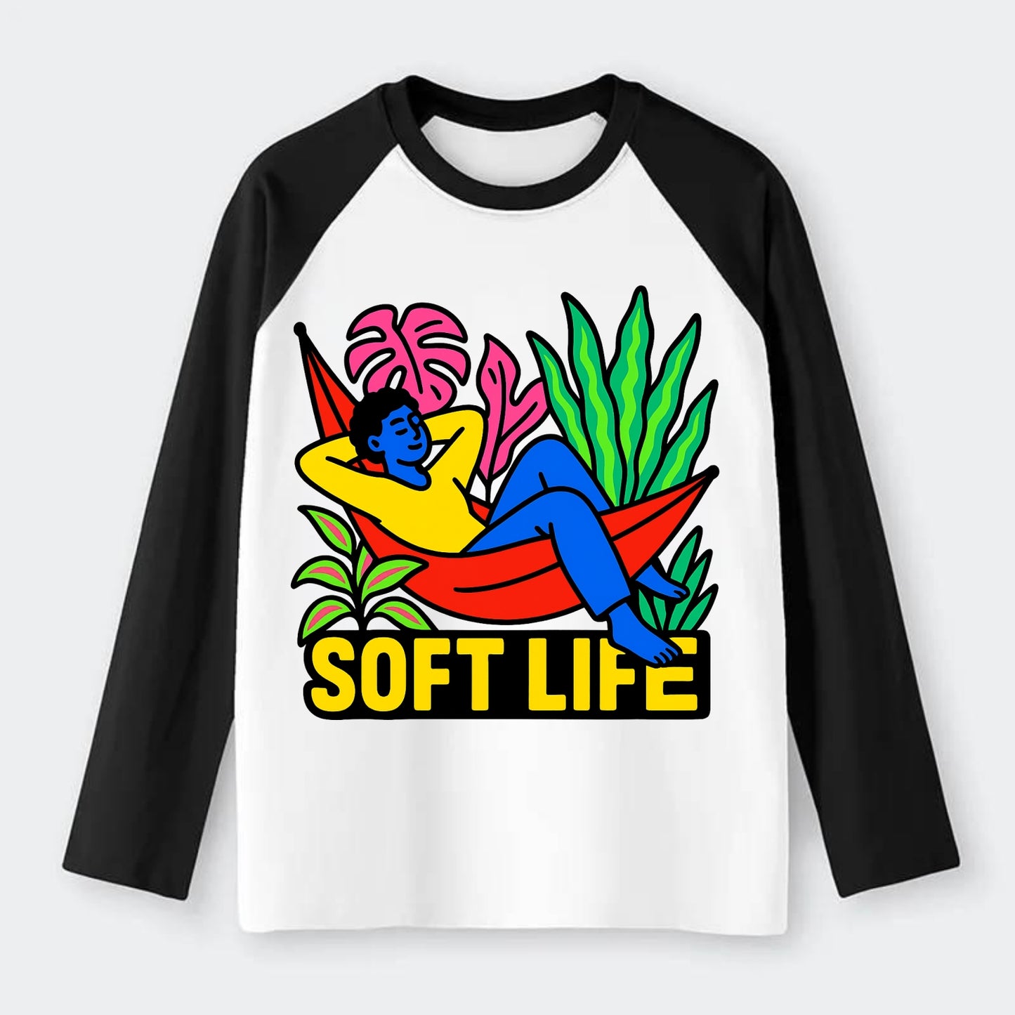Person relaxing in hammock with plants - "soft life" aesthetic, - Raglan Long Sleeve T-Shirt - Black