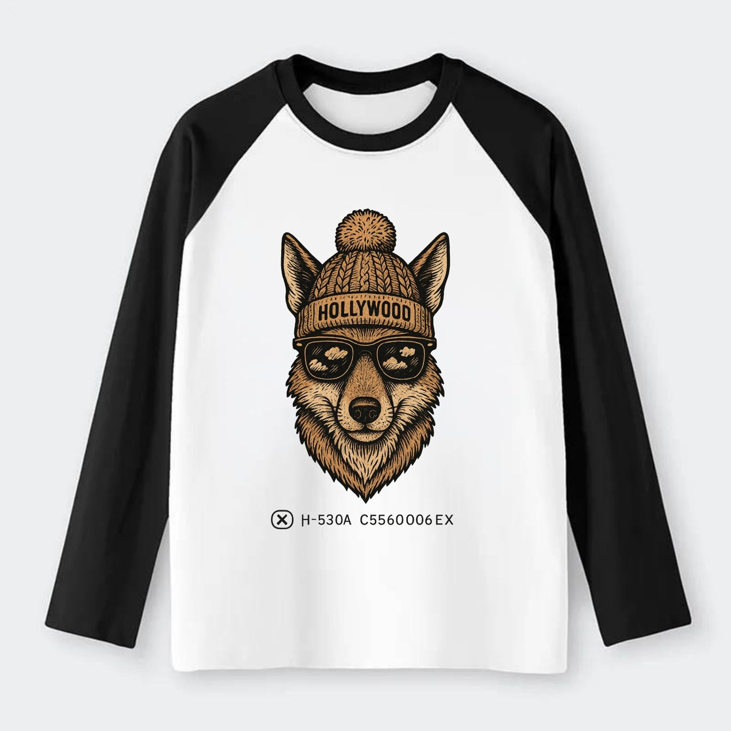 LA Coyote wearing Hollywood beanie with pom pom and wayfarer sunglasses - Raglan Long Sleeve T-Shirt - Black