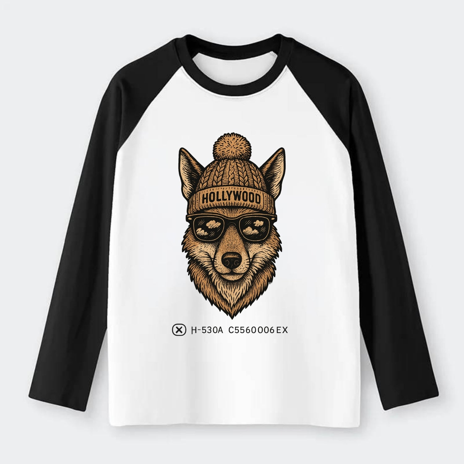 LA Coyote wearing Hollywood beanie with pom pom and wayfarer sunglasses - Raglan Long Sleeve T-Shirt - Black