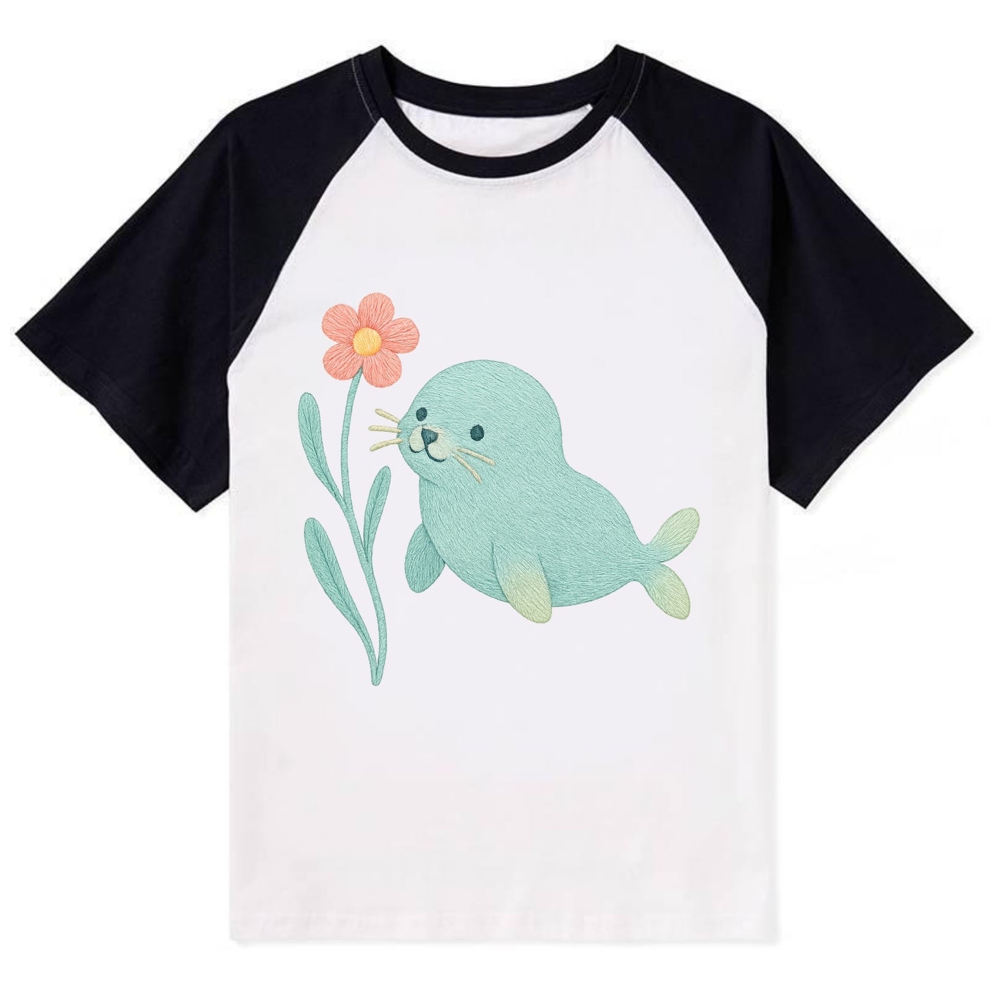 Mint Seal Pup - Contrast Raglan T-shirt - Black