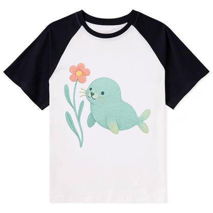 Mint Seal Pup - Contrast Raglan T-shirt - Black