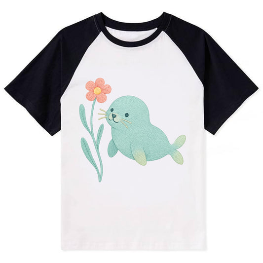 Mint Seal Pup - Contrast Raglan T-shirt - Black