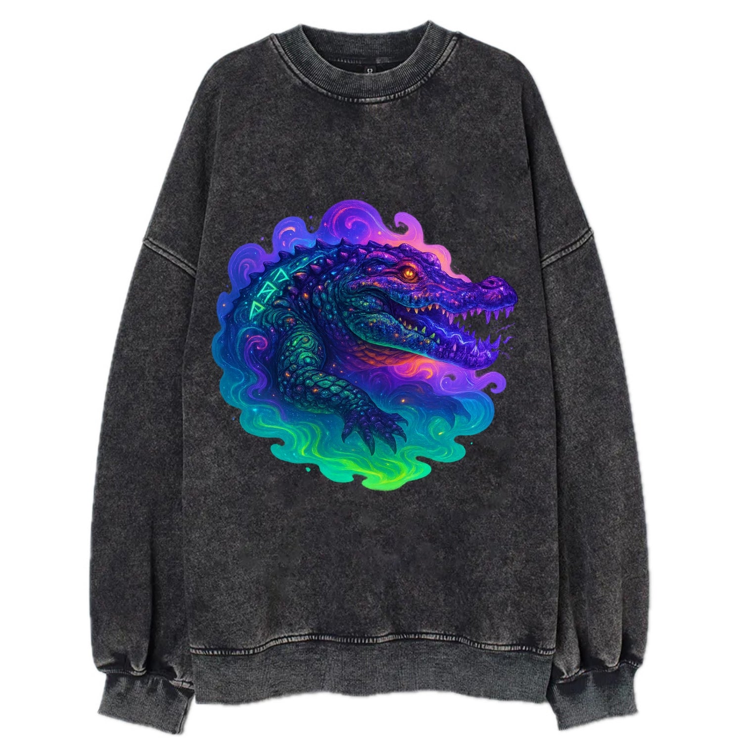 Primordial crocodile with scales pulsing plasma energy in green and purple, - Vintage Sweatshirt - Black