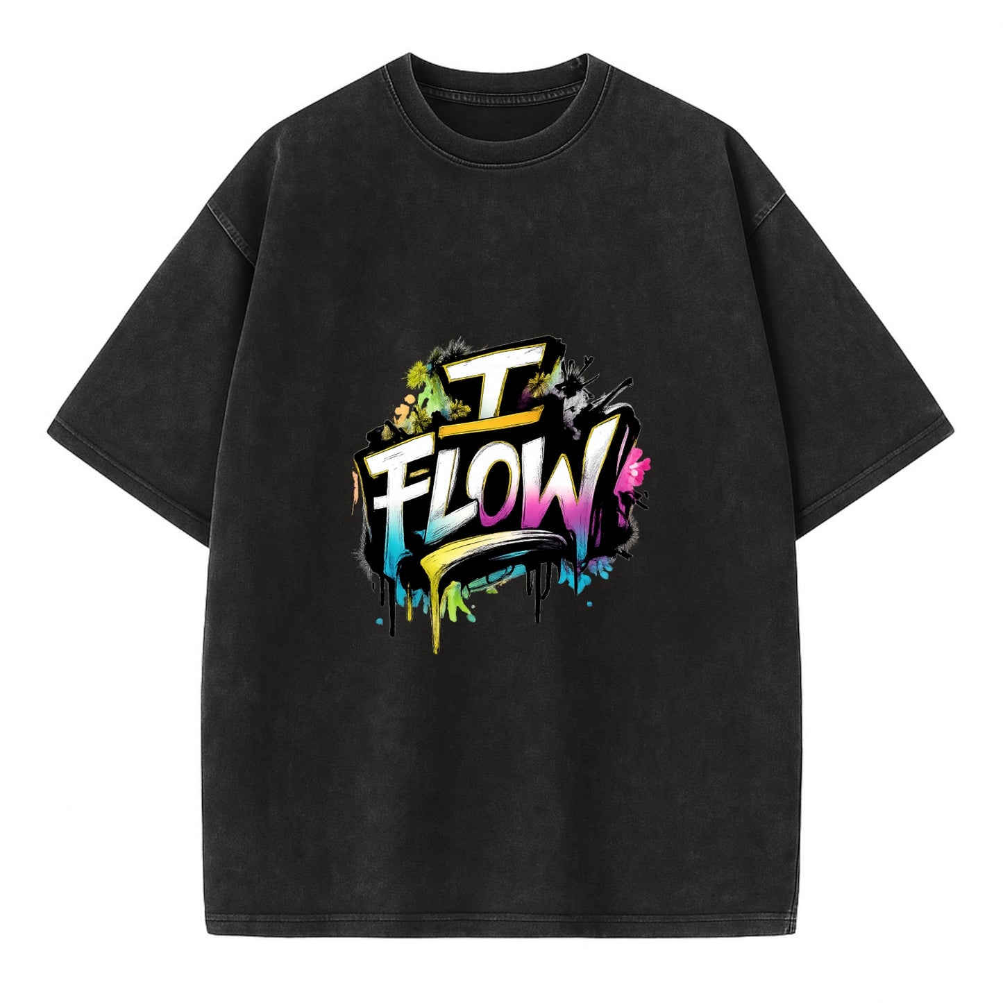 Bold typography design - "I FLOW" - going with life, easy movement - Vintage T-shirt - Black