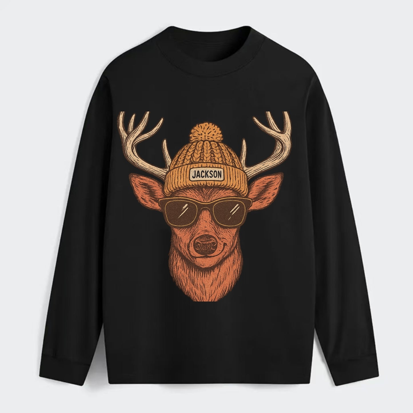 Mississippi White-tailed Deer wearing Jackson beanie with pom pom and - Classic Long Sleeve Shirt - Black