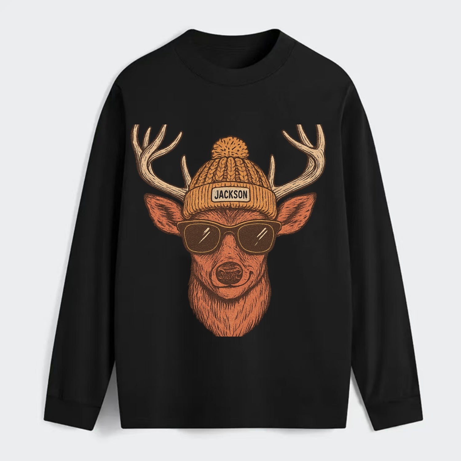 Mississippi White-tailed Deer wearing Jackson beanie with pom pom and - Classic Long Sleeve Shirt - Black