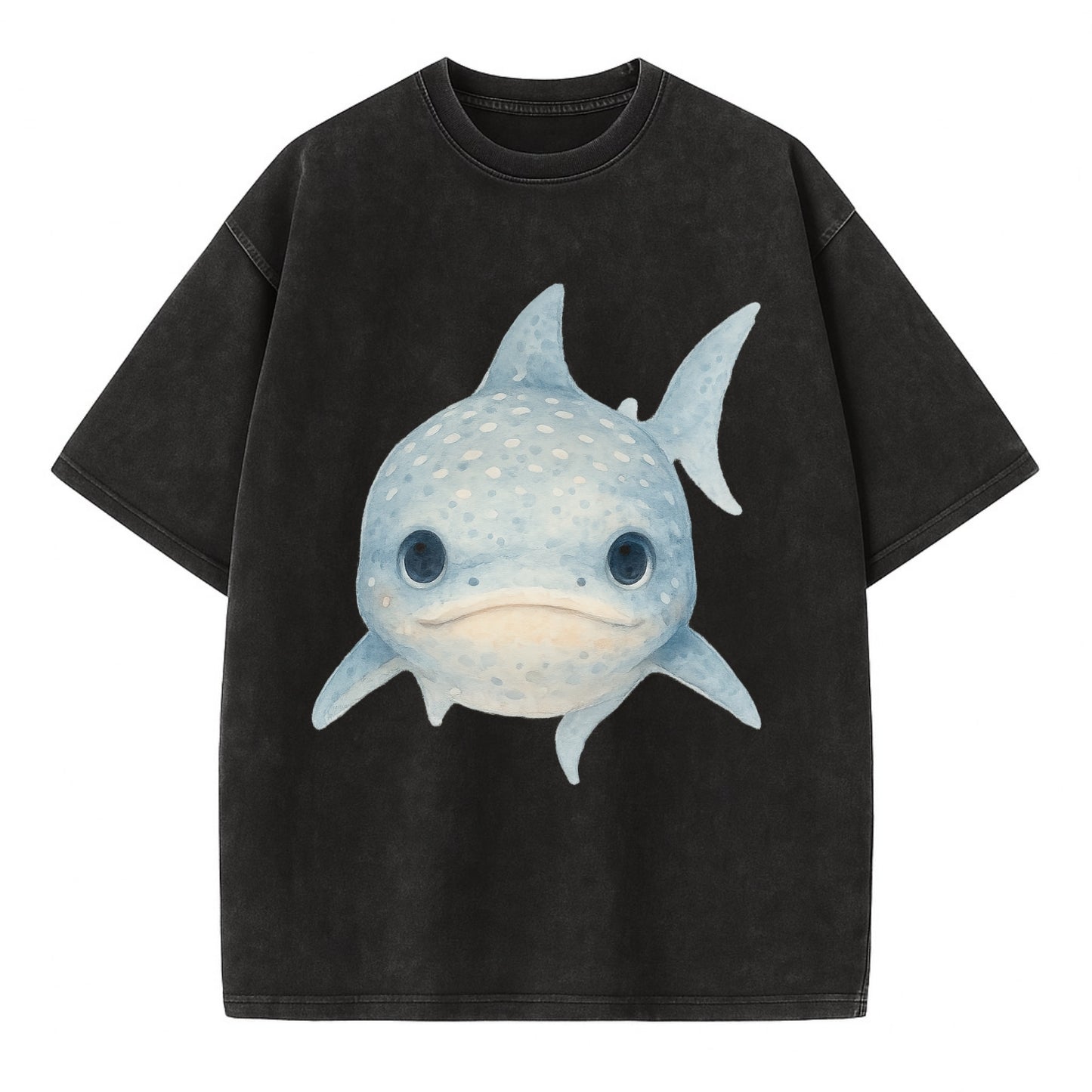 Baby Whale Shark - spotted blue-gray, wide mouth closed, tiny eyes, front-facing, - Vintage T-shirt - Black