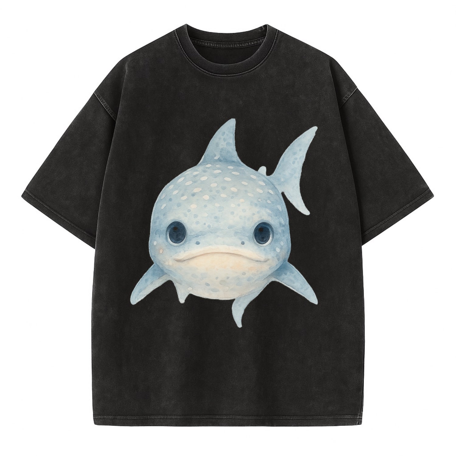 Baby Whale Shark - spotted blue-gray, wide mouth closed, tiny eyes, front-facing, - Vintage T-shirt - Black