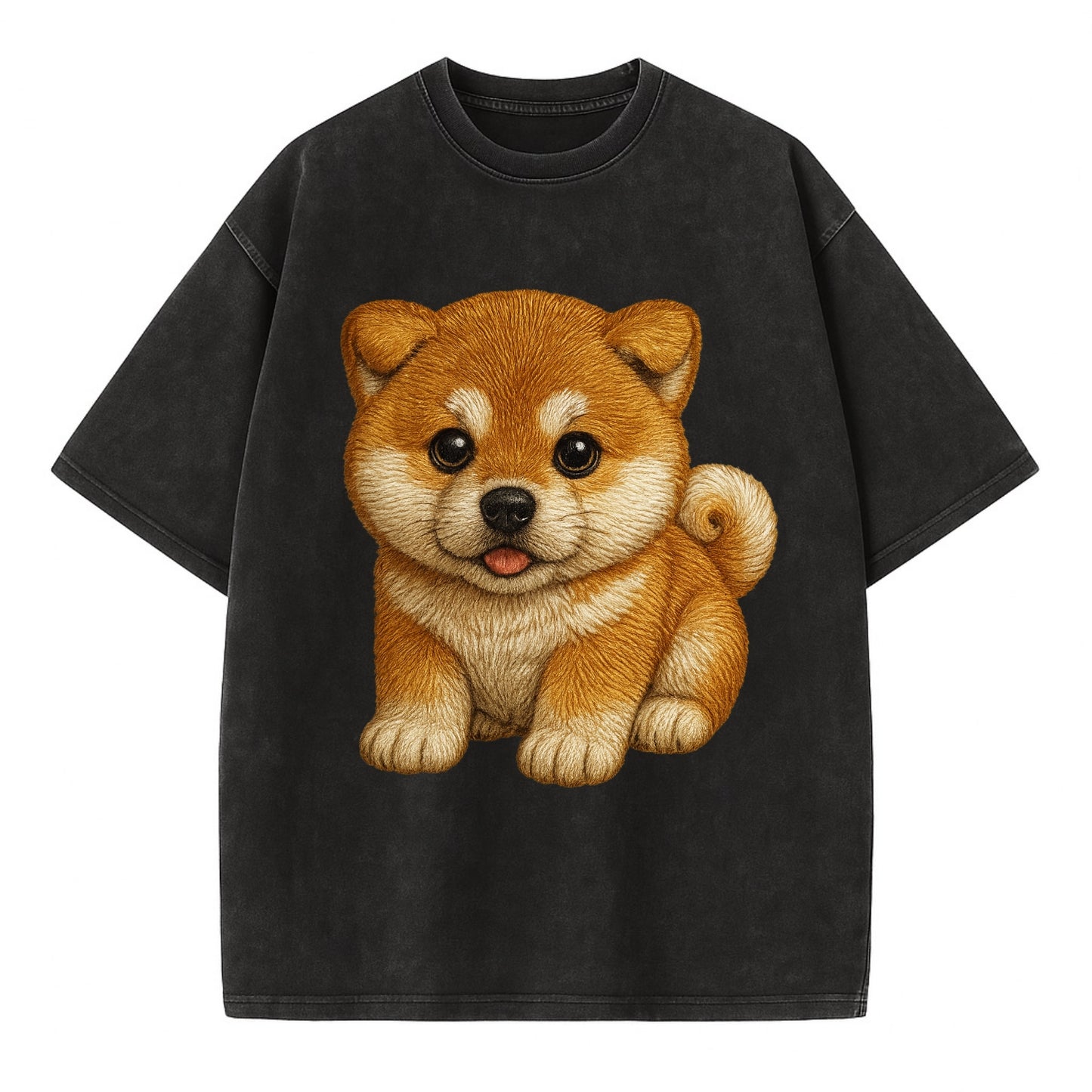 Baby Akita Puppy - fluffy bear-like, curled tail, dignified eyes, front-facing, - Vintage T-shirt - Black
