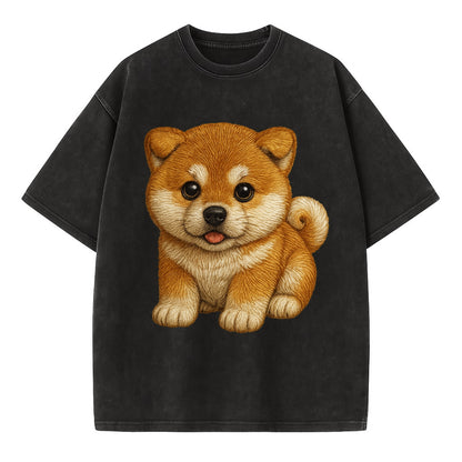 Baby Akita Puppy - fluffy bear-like, curled tail, dignified eyes, front-facing, - Vintage T-shirt - Black
