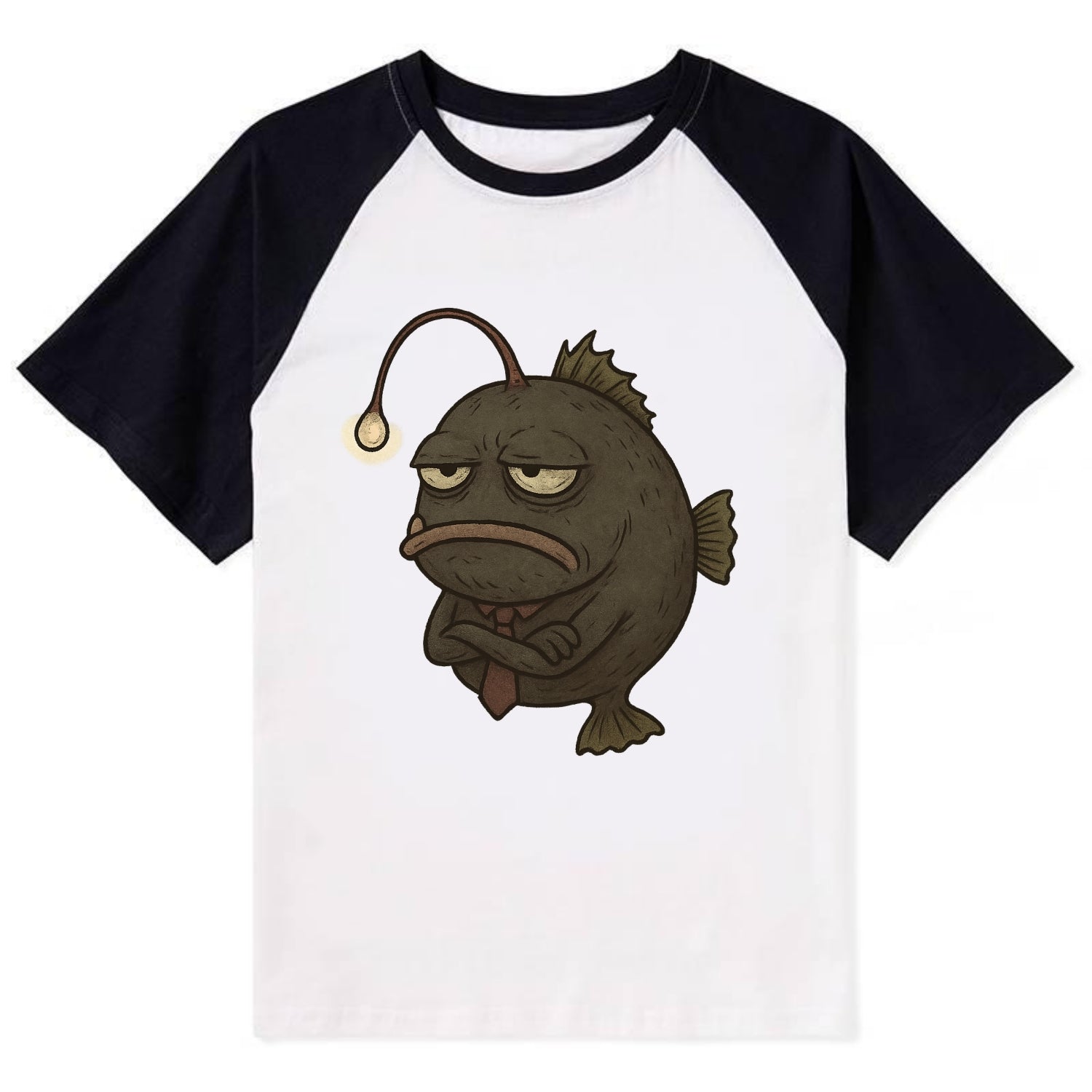THE ANGLERFISH LURES DISAPPOINTMENT | Dark gray anglerfish with dim light - Contrast Raglan T-shirt - Black