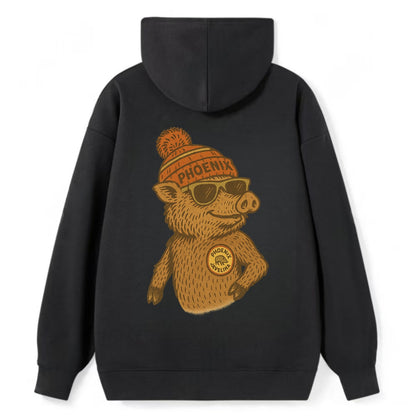 Phoenix Javelina wearing Phoenix beanie with pom pom and wayfarer - Classic Pullover Hoodie - Black