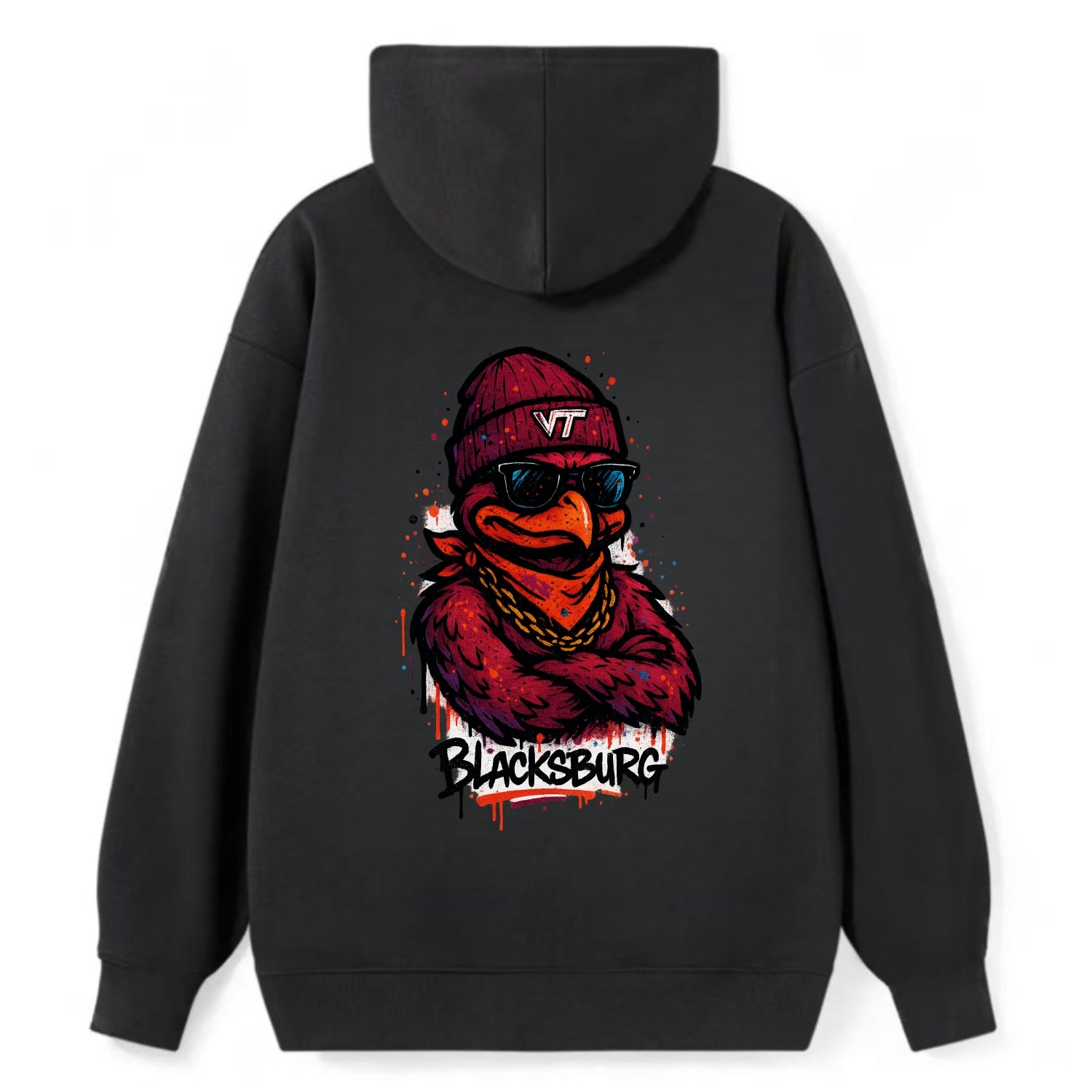 Blacksburg HokieBird wearing Virginia Tech beanie with VT patch - Classic Pullover Hoodie - Black