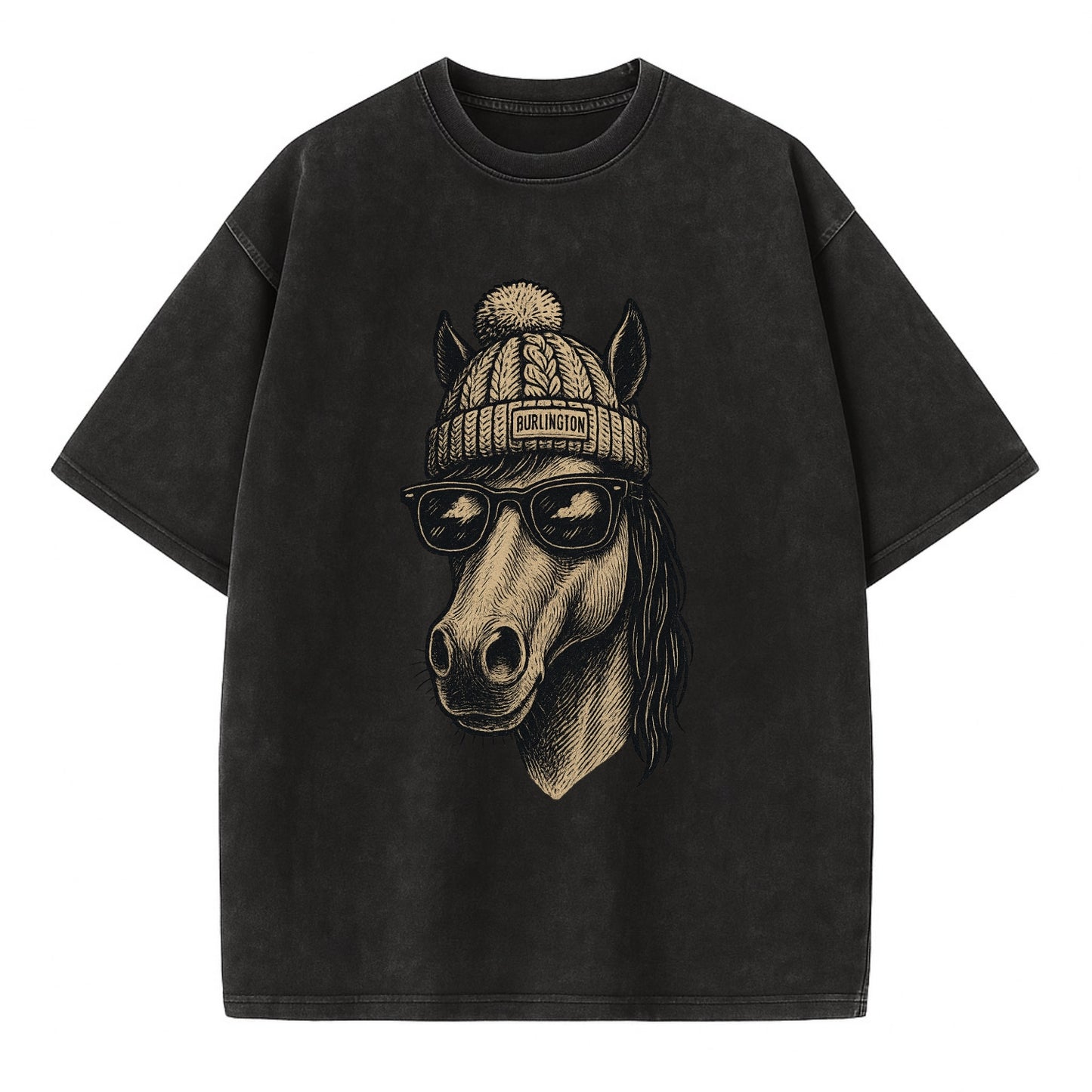 Vermont Morgan Horse wearing Burlington beanie with pom pom and wayfarer - Vintage T-shirt - Black