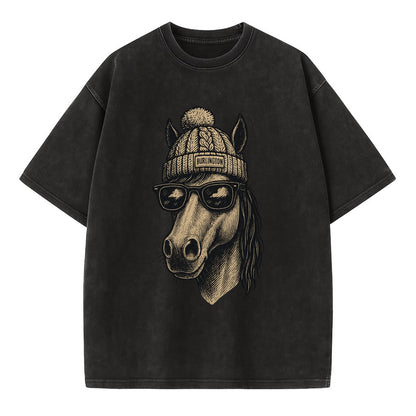 Vermont Morgan Horse wearing Burlington beanie with pom pom and wayfarer - Vintage T-shirt - Black
