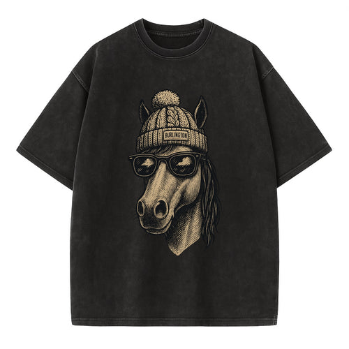 Vermont Morgan Horse wearing Burlington beanie with pom pom and wayfarer - Vintage T-shirt