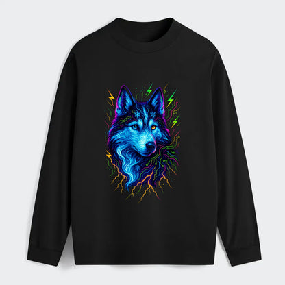 Siberian husky with ice-crystal flowing patterns, electric blue and - Classic Long Sleeve Shirt - Black