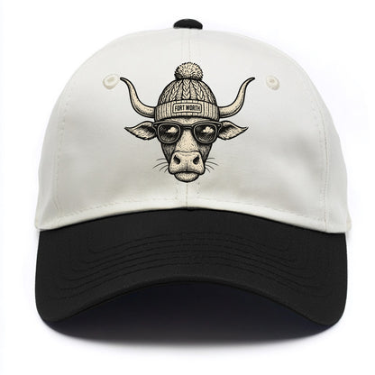 Fort Worth Longhorn wearing Fort Worth beanie with pom pom and wayfarer sunglasses - Two Tone Cap - Black