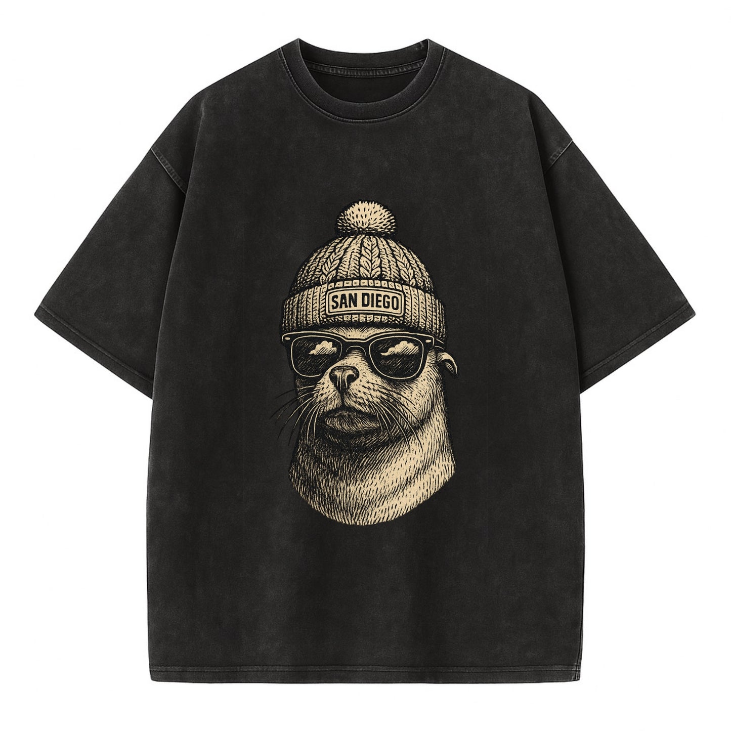 San Diego Sea Lion wearing San Diego beanie with pom pom and wayfarer sunglasses - Vintage T-shirt - Black