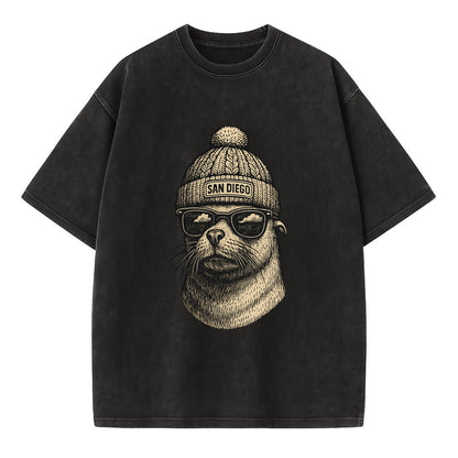 San Diego Sea Lion wearing San Diego beanie with pom pom and wayfarer sunglasses - Vintage T-shirt - Black