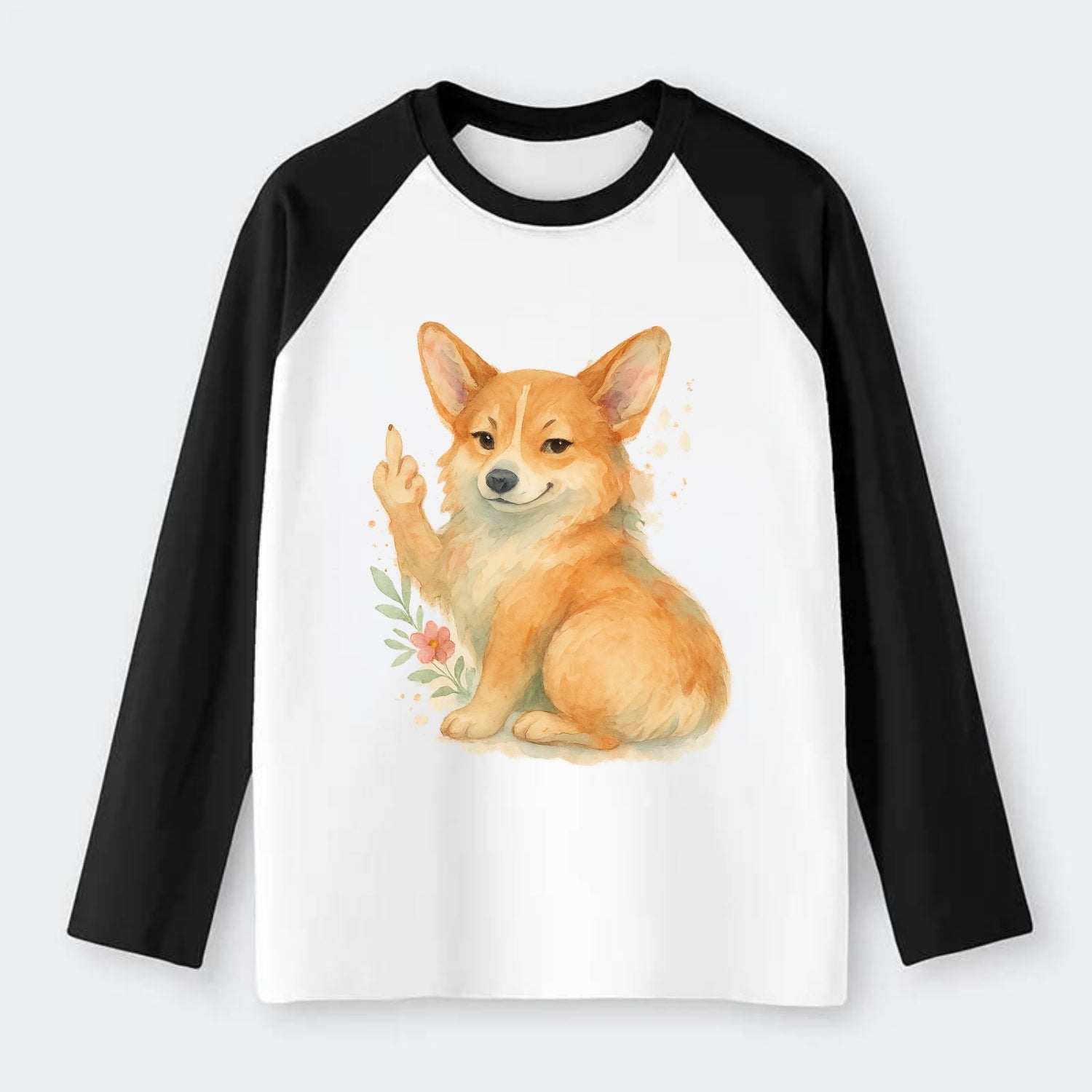 Corgi short legs and fluffy butt, one stubby paw up with sass - Raglan Long Sleeve T-Shirt - Black