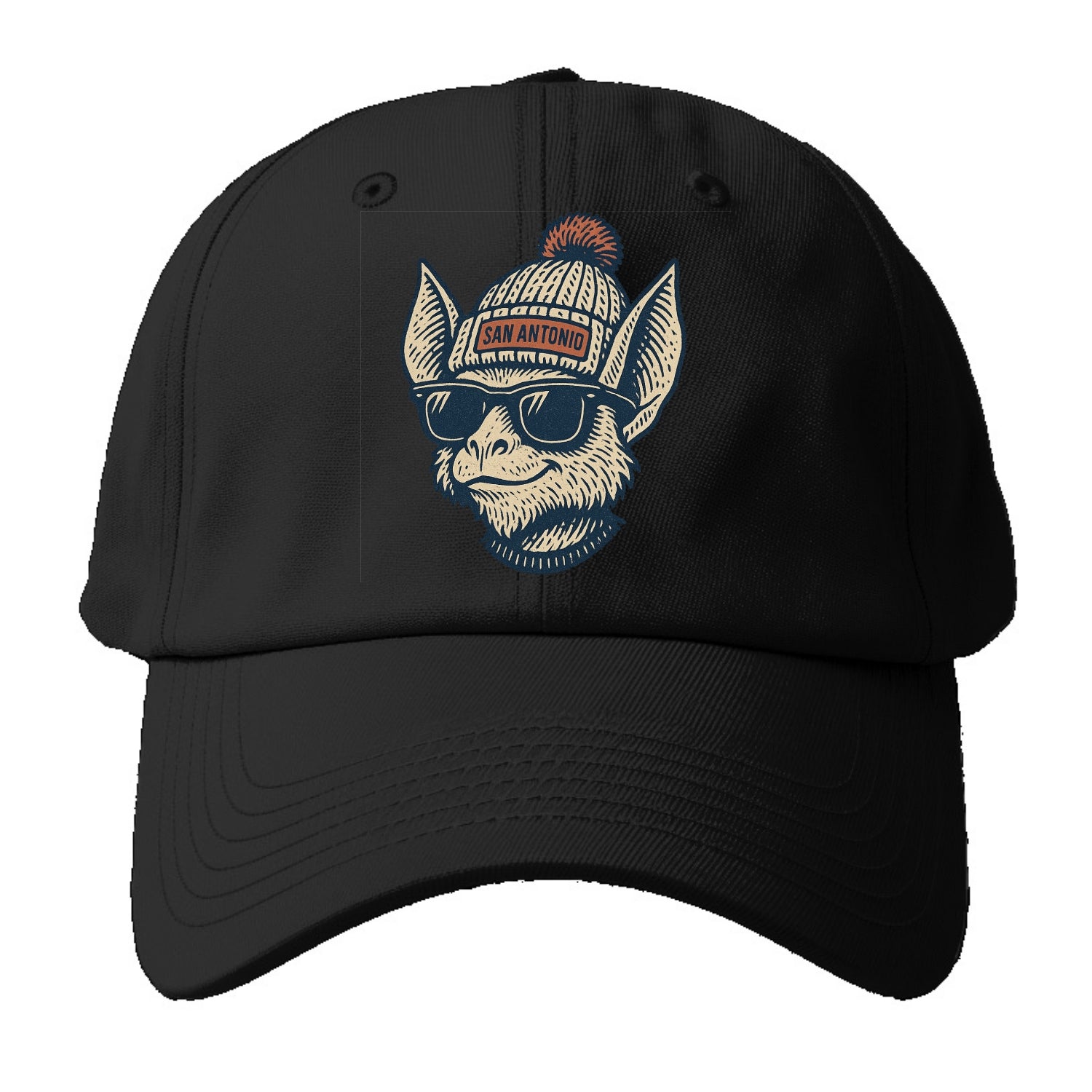 San Antonio Bat wearing San Antonio beanie with pom pom and wayfarer sunglasses - Baseball Cap - Black