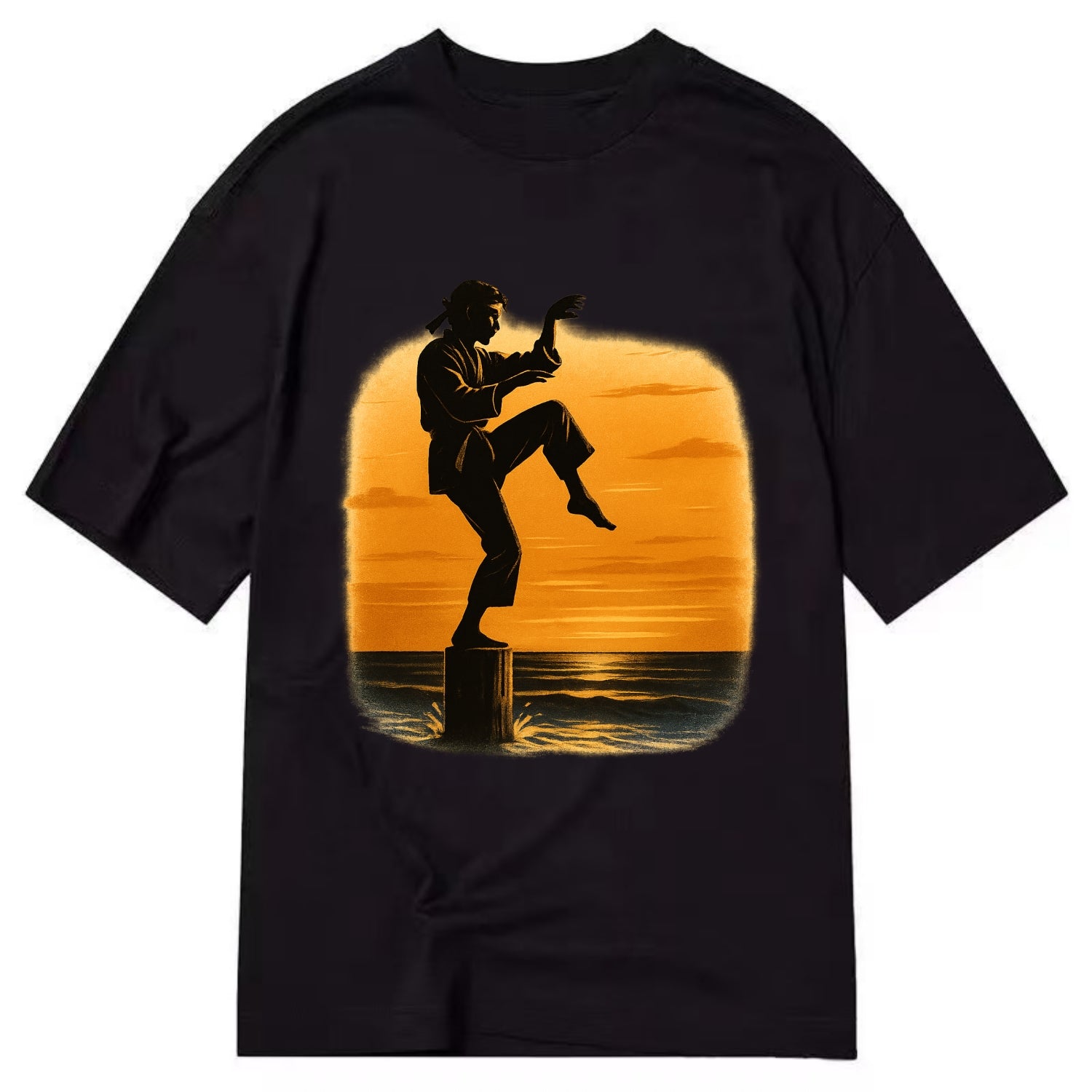 karate crane kick pose on wooden post at beach sunset - Classic T-shirt - Black