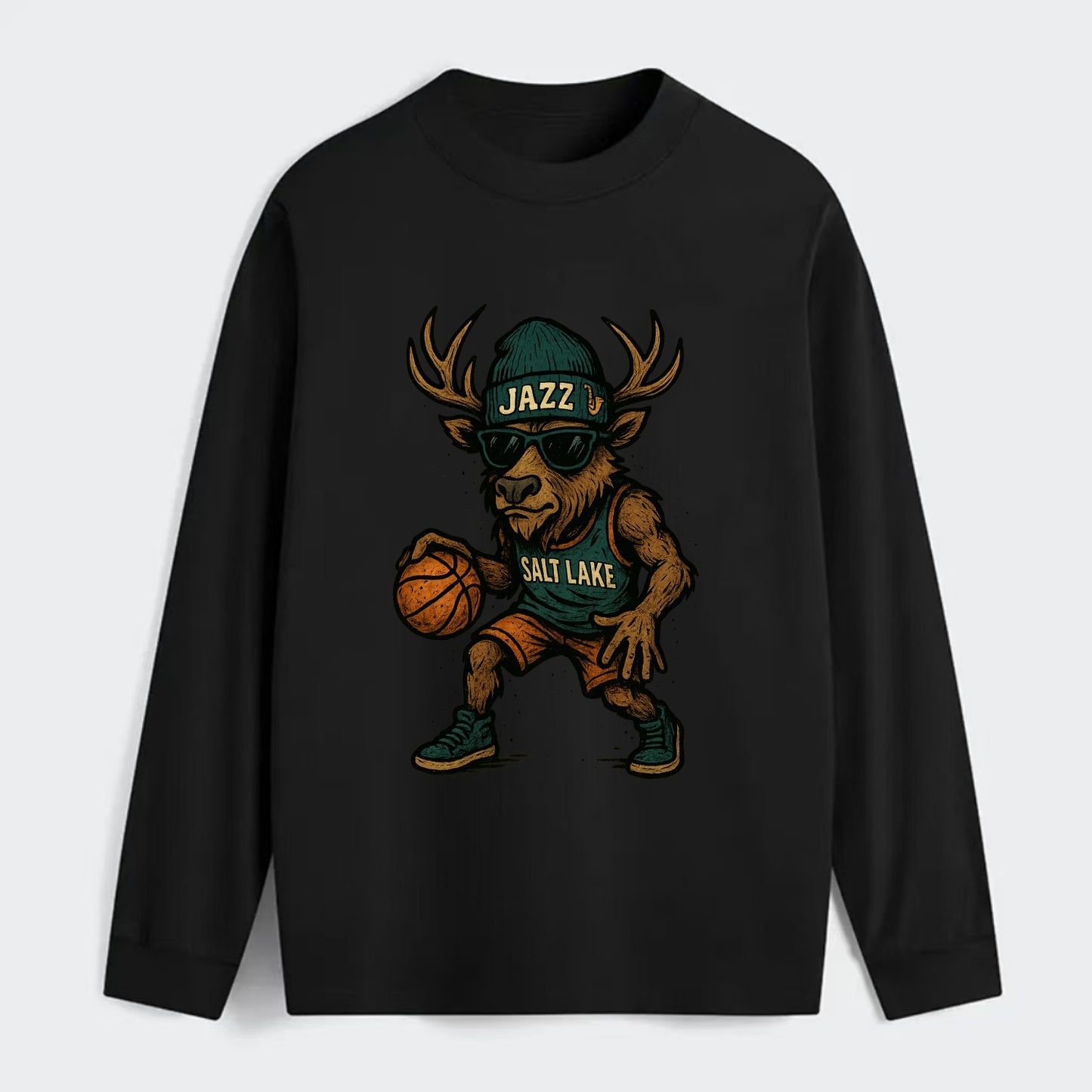 Salt Lake Elk wearing Jazz beanie with saxophone patch and wayfarer - Classic Long Sleeve Shirt - Black