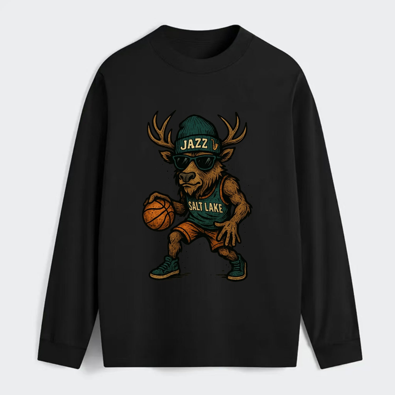 Salt Lake Elk wearing Jazz beanie with saxophone patch and wayfarer - Classic Long Sleeve Shirt - Black