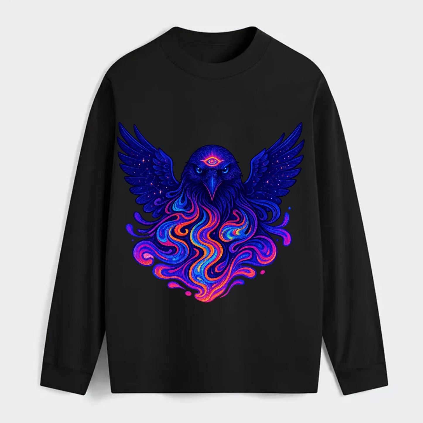 Mysterious raven with feathers showing future visions in neon colors, - Classic Long Sleeve Shirt - Black
