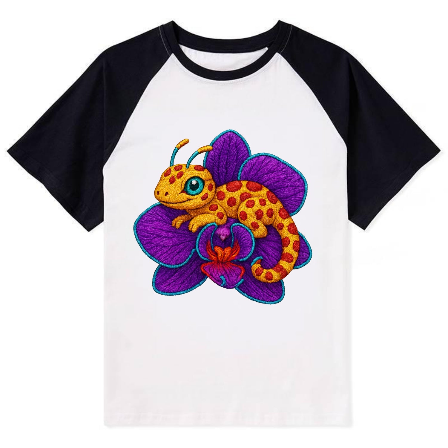 Leopard Orchid - Contrast Raglan T-shirt - Black