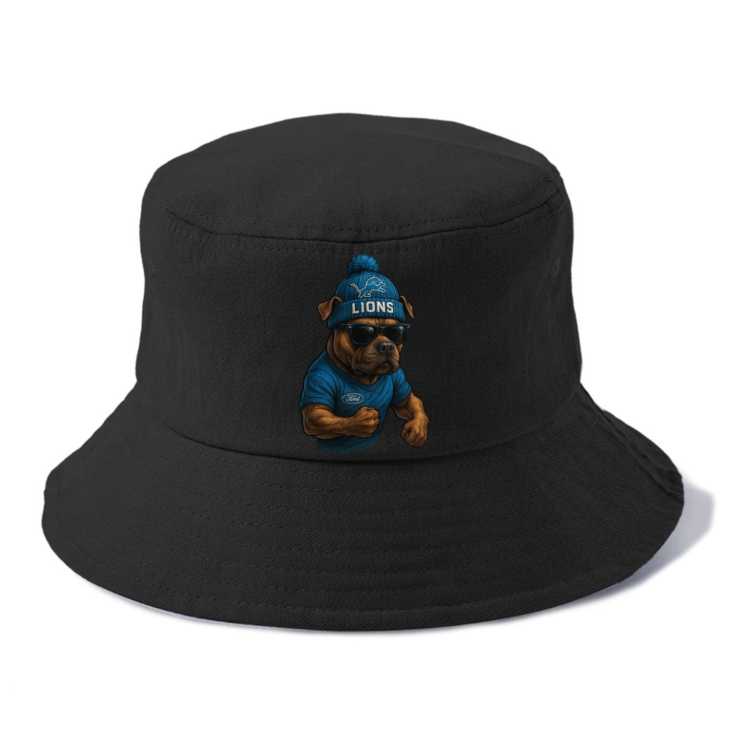 Detroit Pitbull wearing Lions beanie with auto patch and wayfarer sunglasses - Bucket Hat - Black