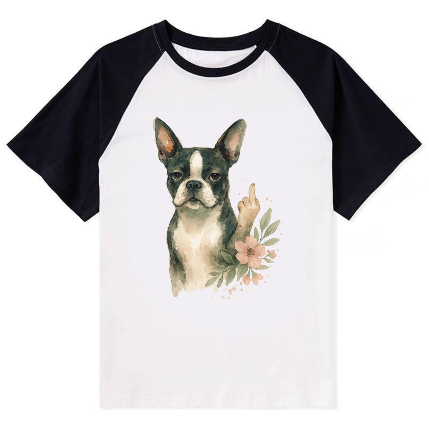 Boston Terrier with tuxedo markings, perky ears, paw up giving sass - Contrast Raglan T-shirt - Black