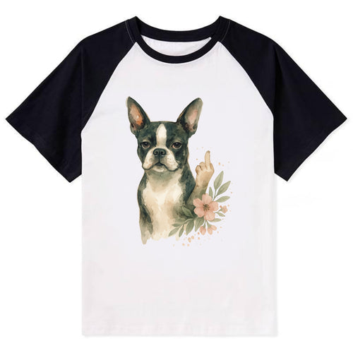 Boston Terrier with tuxedo markings, perky ears, paw up giving sass - Contrast Raglan T-shirt