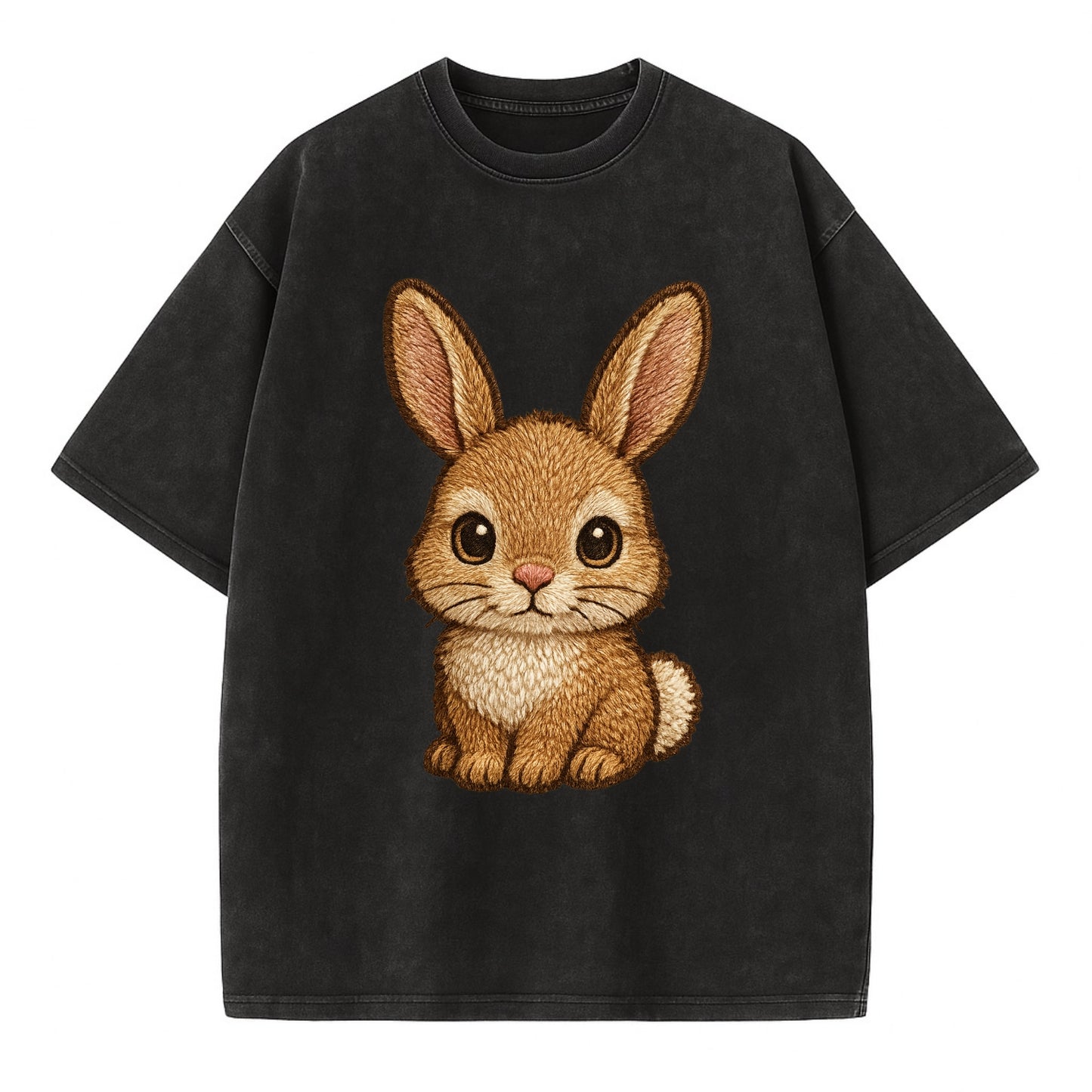 Baby Rabbit - long ears, fluffy white tail, pink nose, large brown eyes, - Vintage T-shirt - Black