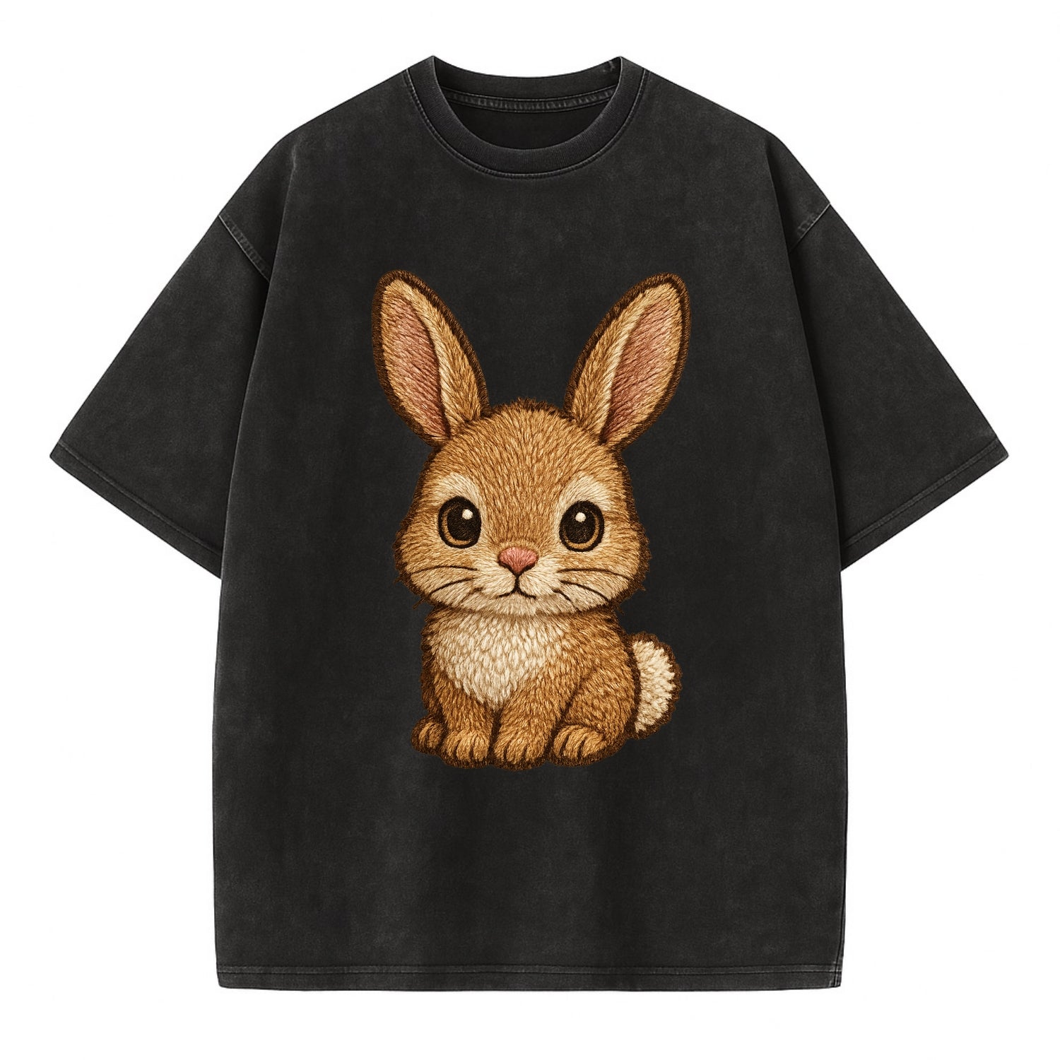 Baby Rabbit - long ears, fluffy white tail, pink nose, large brown eyes, - Vintage T-shirt - Black