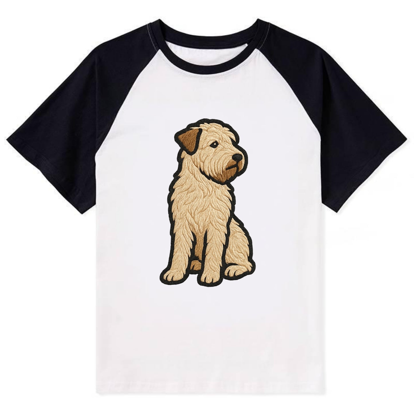 Soft Coated Wheaten Terrier - Light tan flowing coat embroidered pose - Contrast Raglan T-shirt - Black